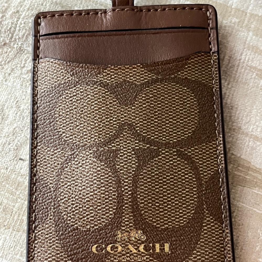 COACH Signature PVC Lanyard ID Khaki Saddle